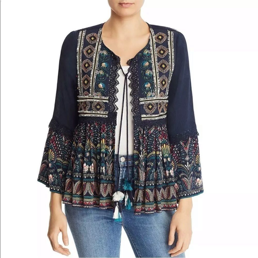 Aqua Embroidered Open Front Tassel Cardigan Size S